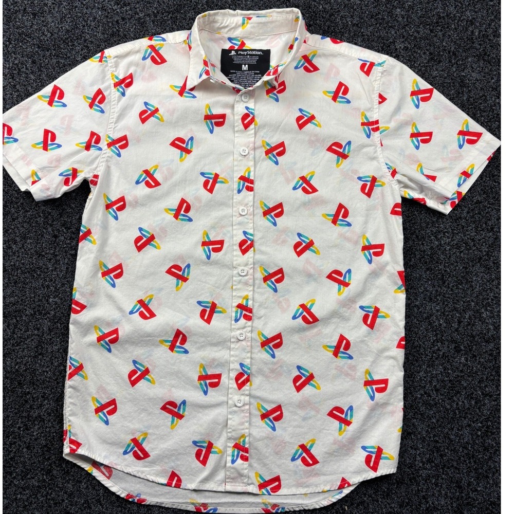 PlayStation Mens Classic Logo All Over Print Button Down Shirt White Medium M